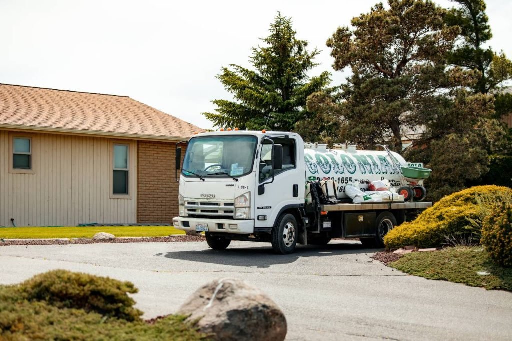 commercial lawn maintenance service truck and equipment